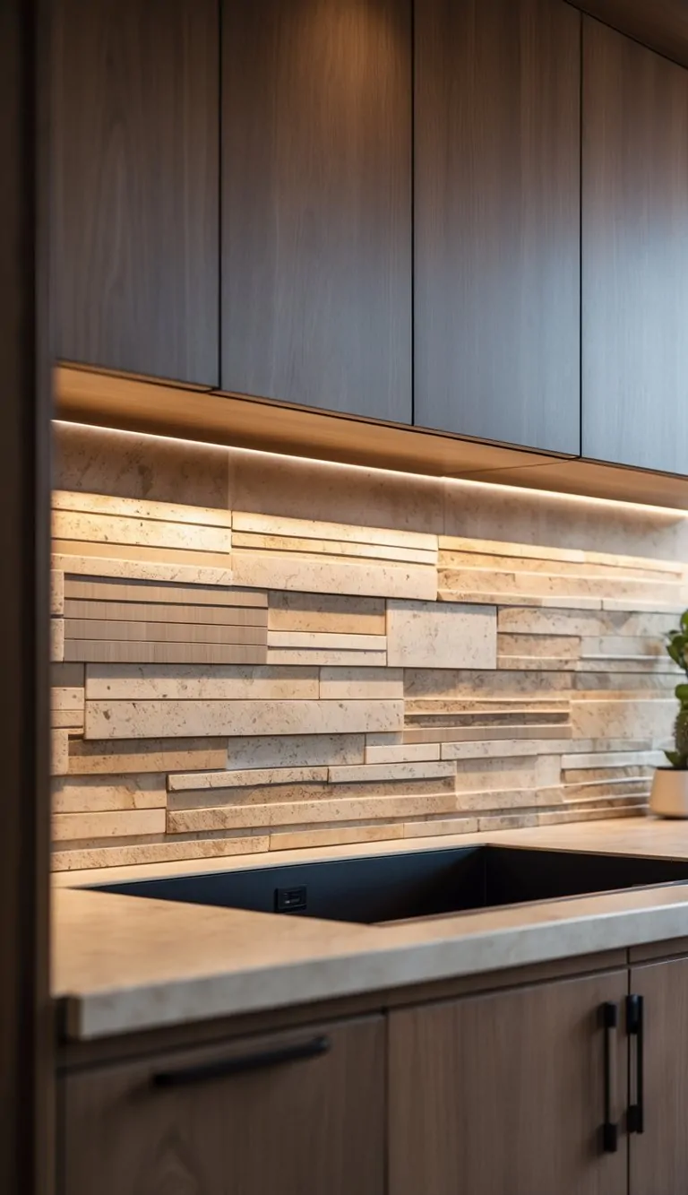 Kitchen backsplash made of textured travertine tiles above brown wooden cabinets.