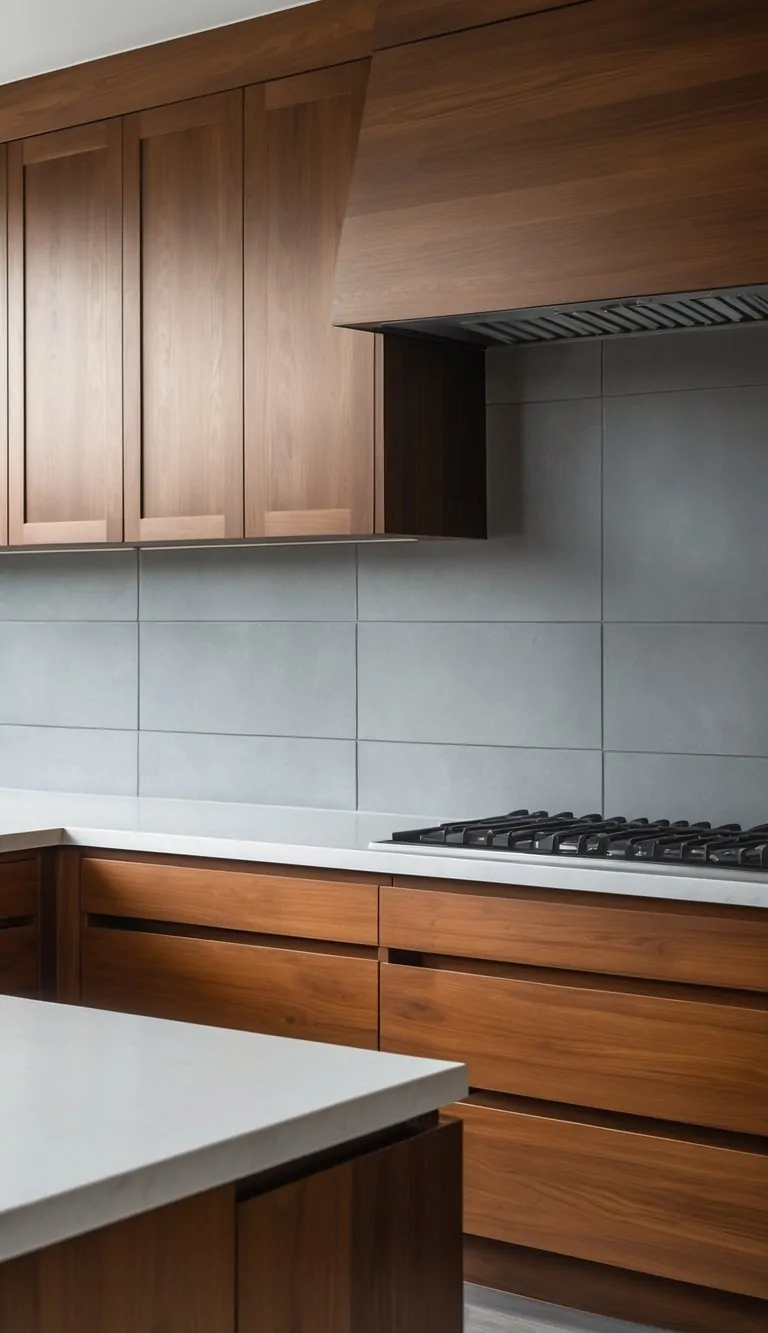 A kitchen with large soft grey porcelain tile backsplash and brown wooden cabinets.