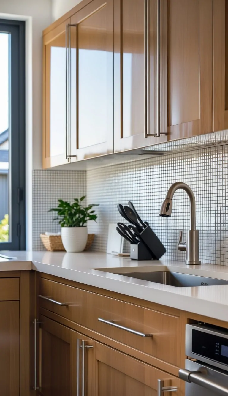 A kitchen with glossy white mosaic tile backsplash and brown wooden cabinets.