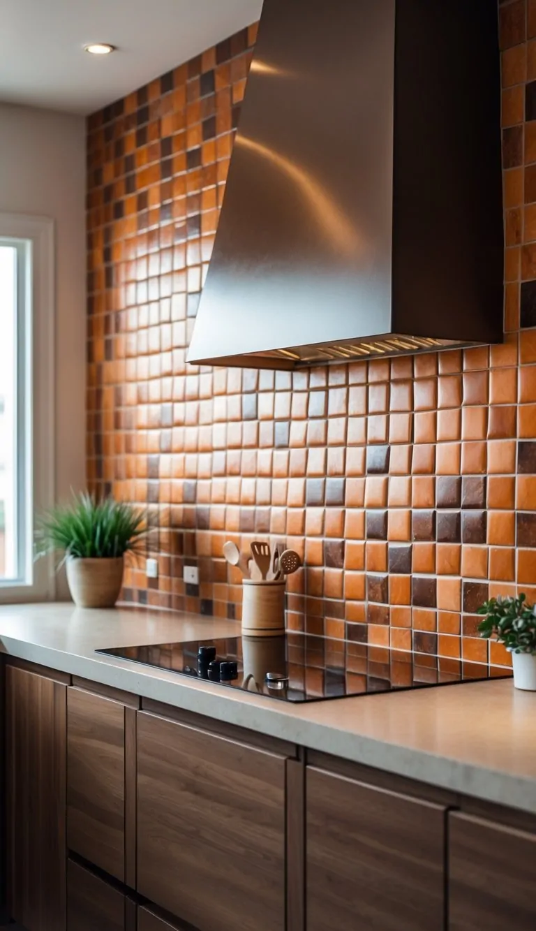 A kitchen with warm terra cotta tile backsplash and brown wooden cabinets.
