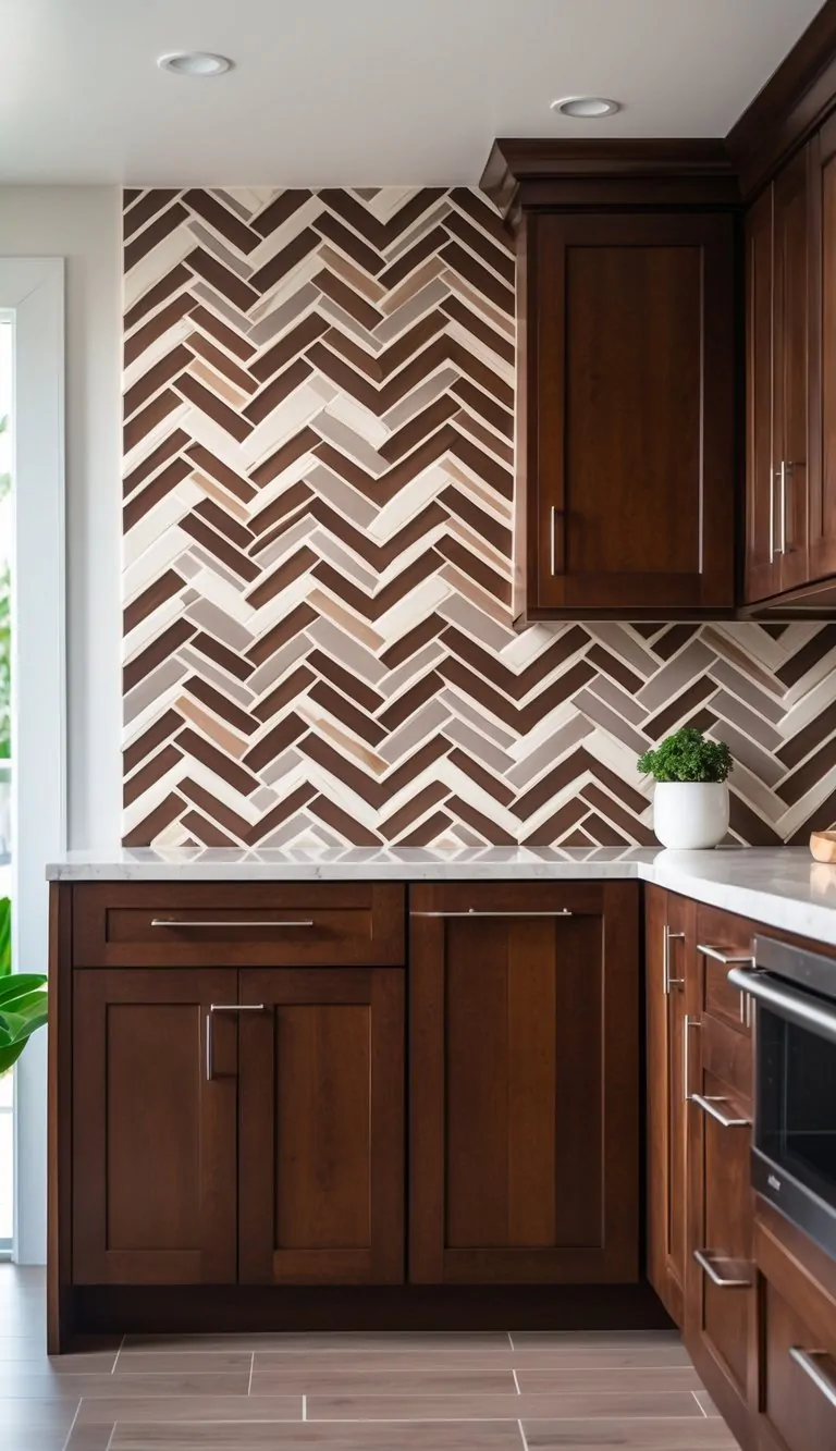 A kitchen with brown cabinets and a chevron pattern tile backsplash in shades of brown and light neutrals.