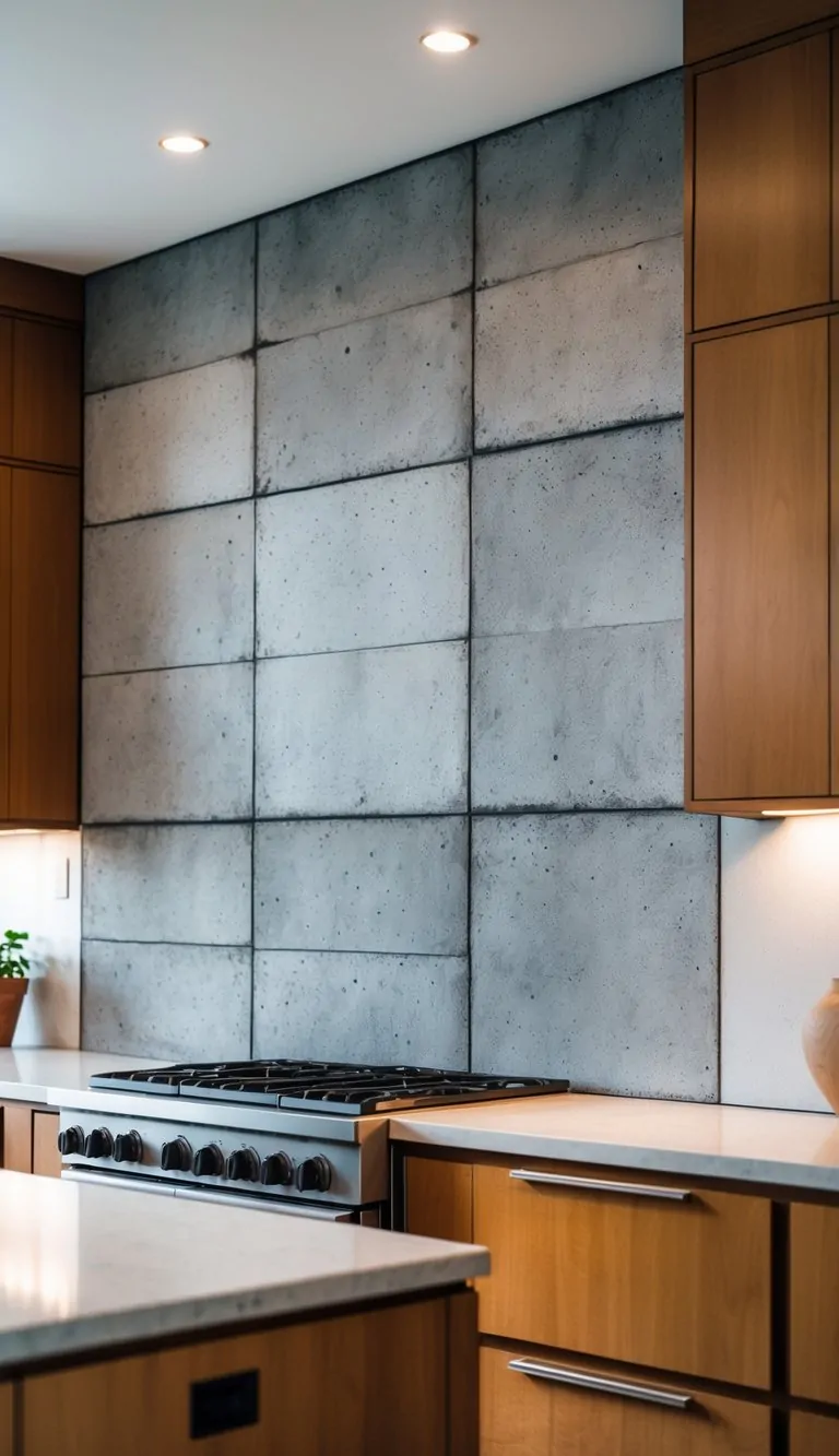 A kitchen with brown cabinets and a gray concrete-look tile backsplash behind the countertop and stove.