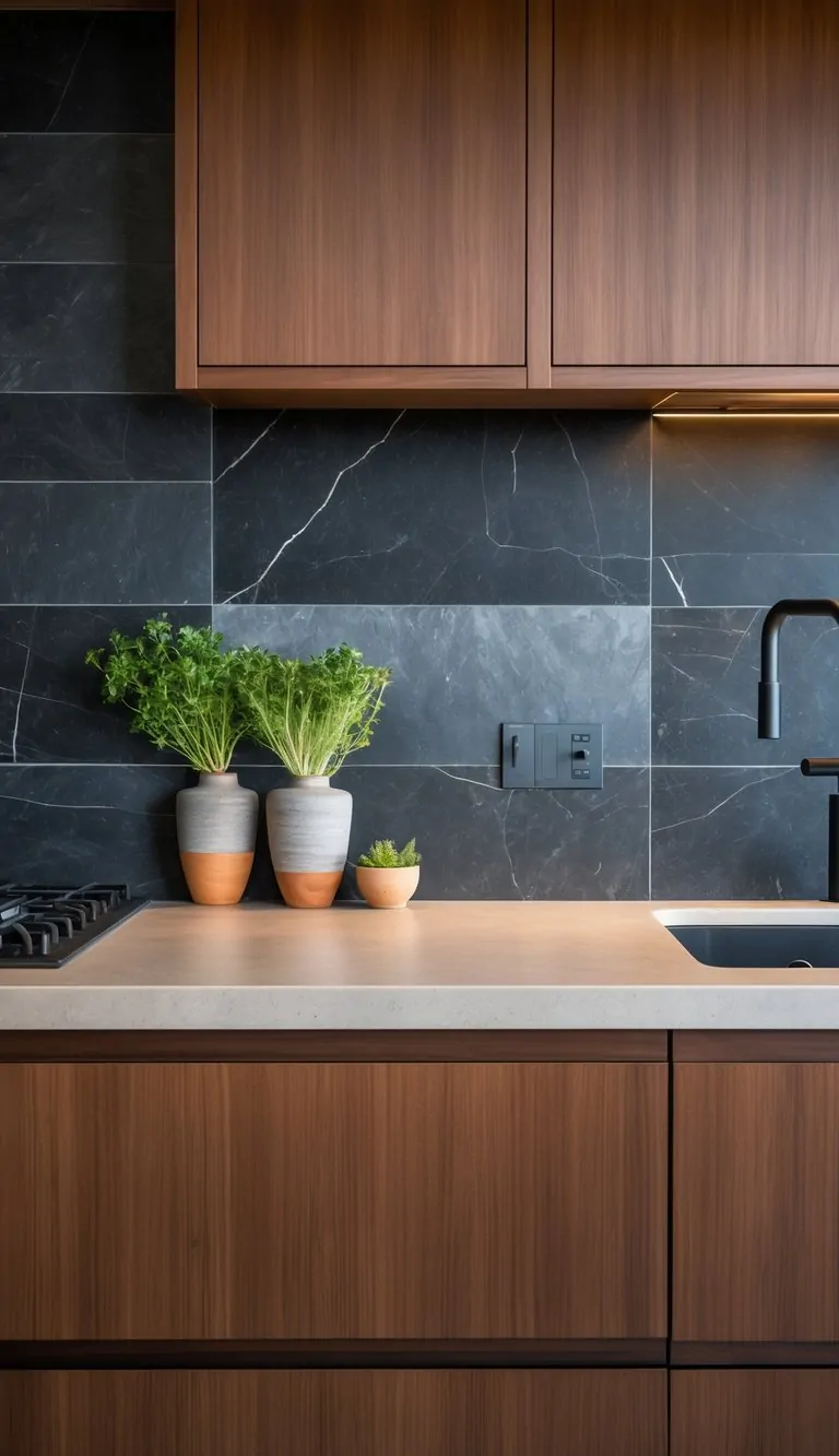 A modern kitchen with dark charcoal soapstone tile backsplash and brown wooden cabinets.
