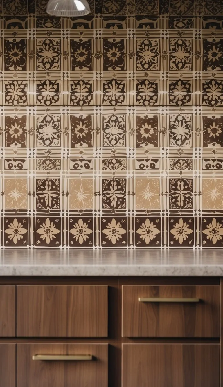 A kitchen backsplash with beige and brown patterned tiles above brown wooden cabinets.