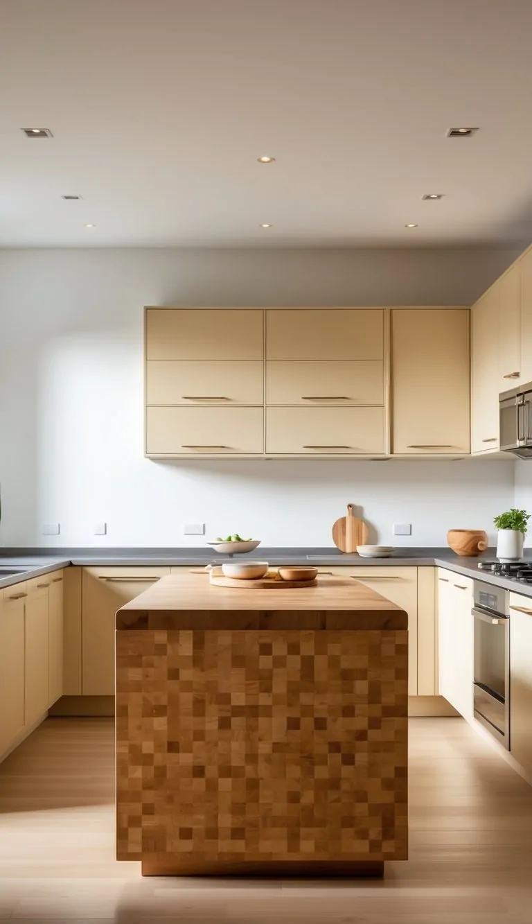 A kitchen with a warm butcher block island and numerous beige cabinets arranged around it.