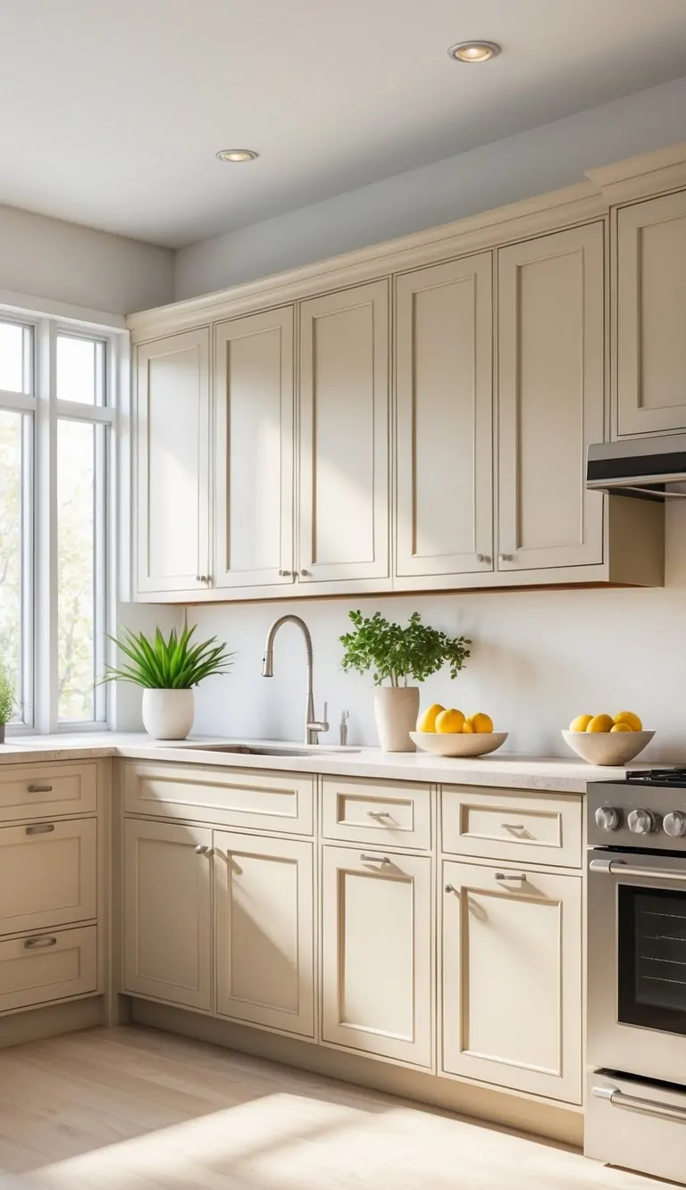 A bright kitchen with beige cabinets, a light countertop, stainless steel appliances, and natural light coming through windows.