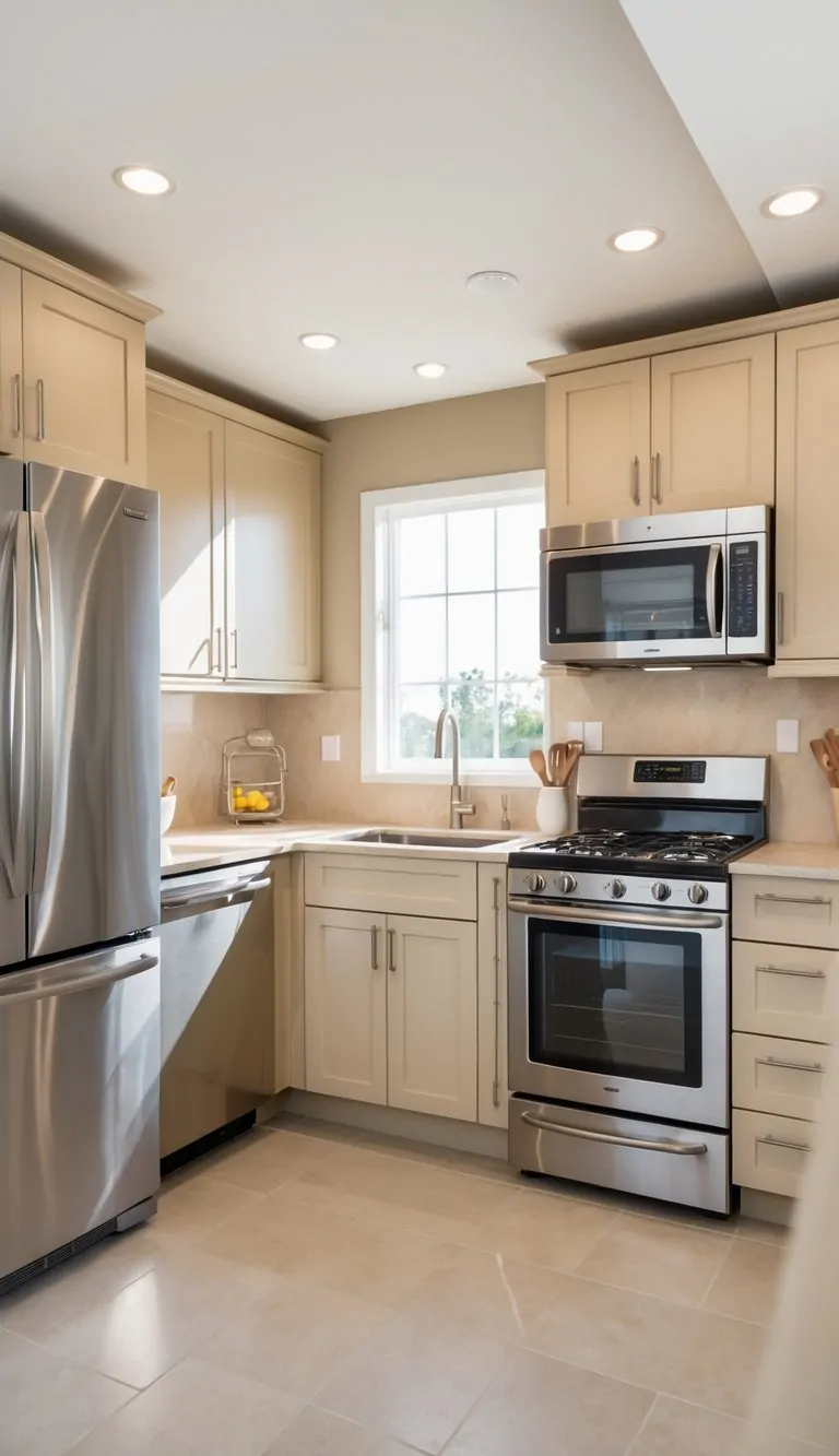 A modern kitchen with beige cabinets and stainless steel appliances, featuring a bright and spacious layout.