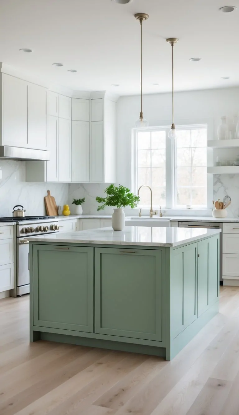 A kitchen with a sage green island topped with a white marble countertop, surrounded by white cabinets and natural light.