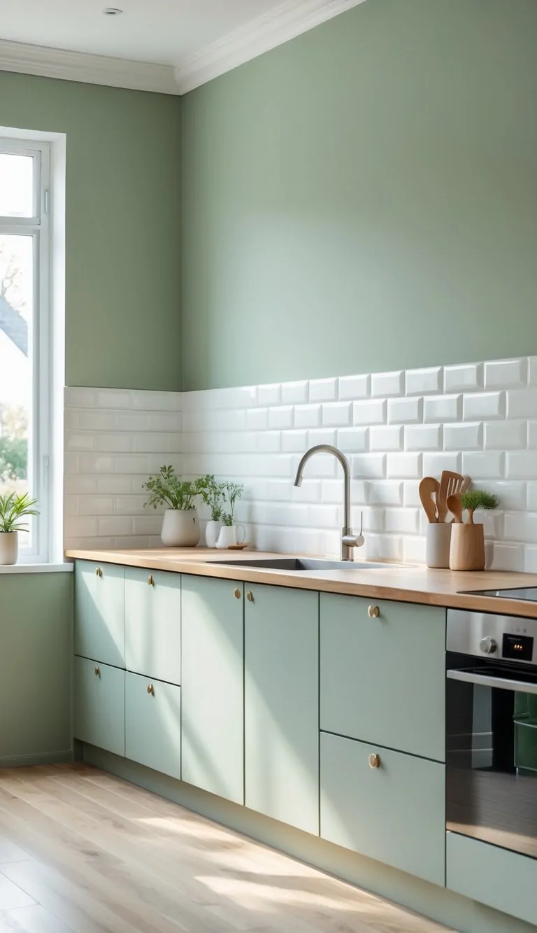 A kitchen with sage green painted walls and a white subway tile backsplash above the countertop.